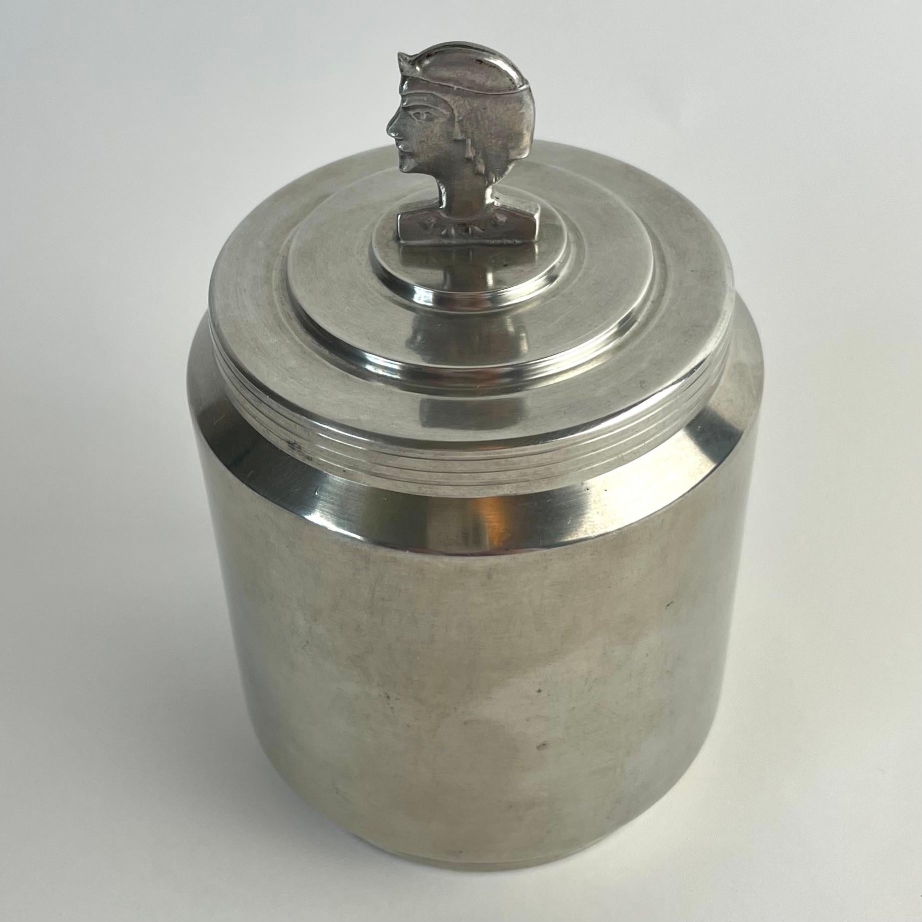 Art Deco Elegant Swedish Grace Pewter Jar, Dated 1937 – with Stylized Female Finial For Sale