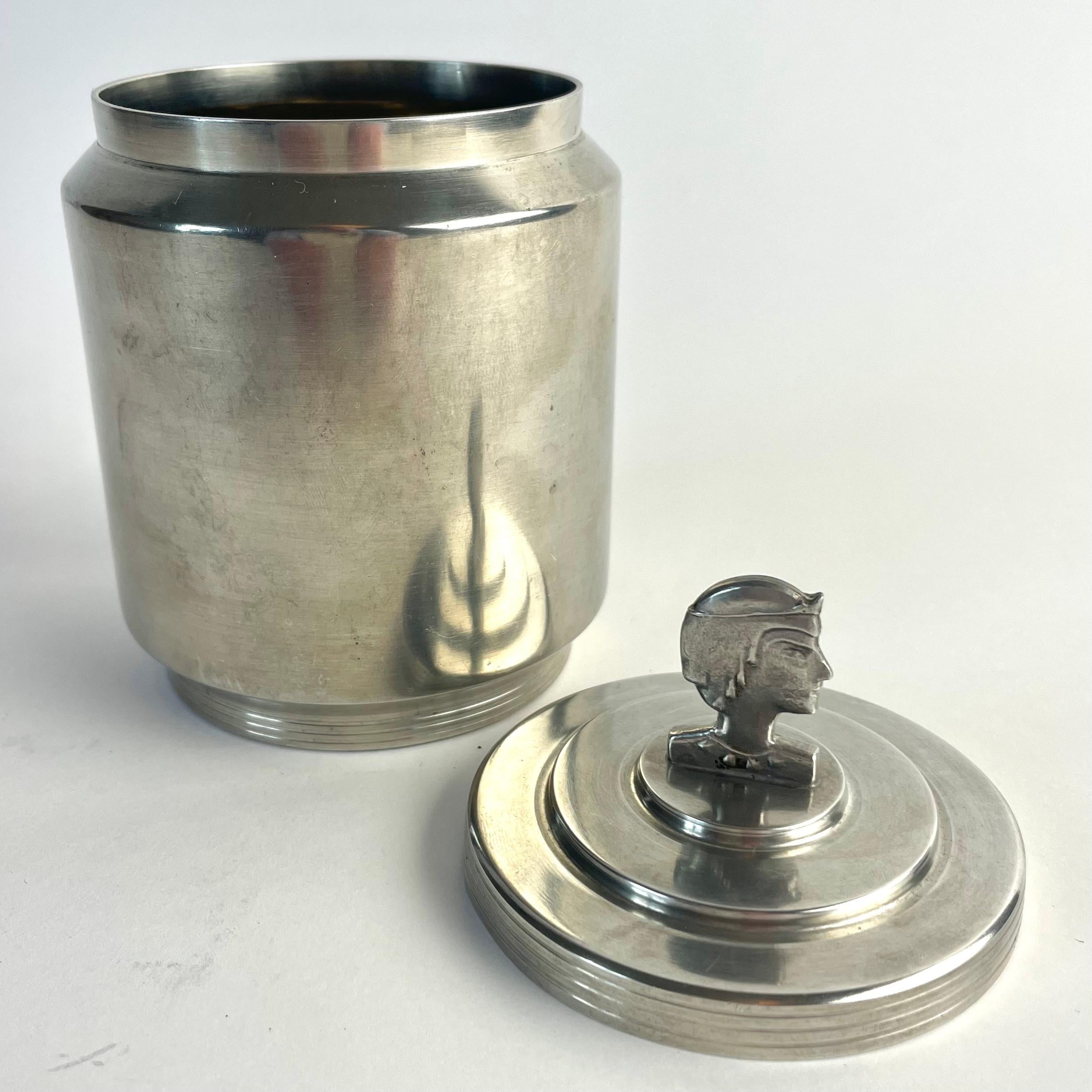 Elegant Swedish Grace Pewter Jar, Dated 1937 – with Stylized Female Finial For Sale 1
