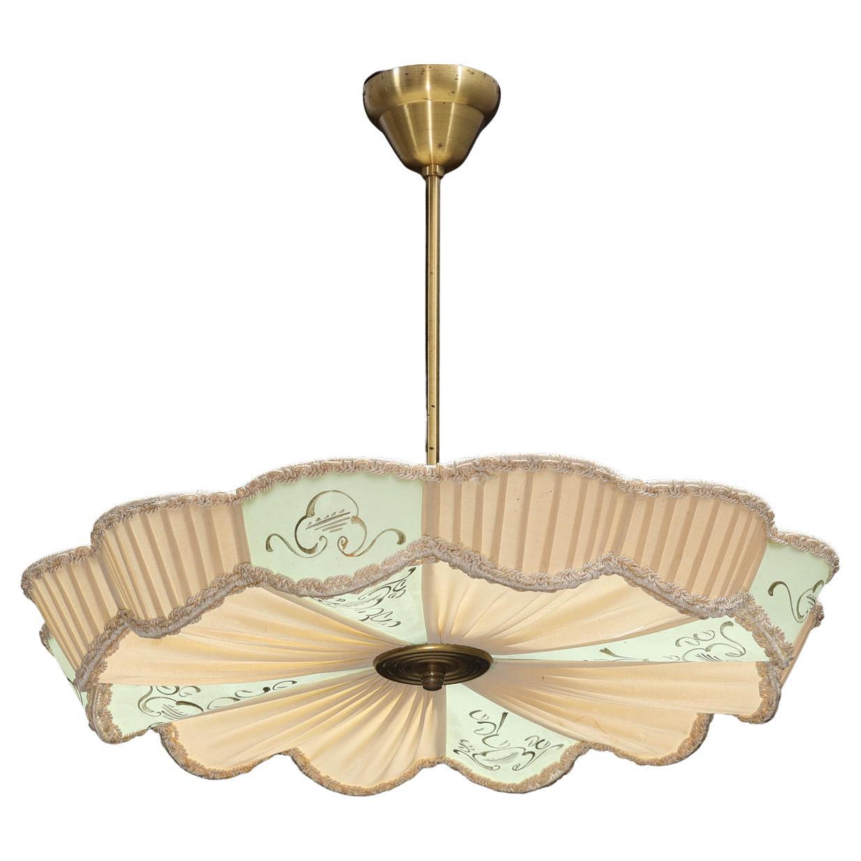 Elegant Swedish Modern Pendant Ceiling Lamp in Silk and Brass, 1940s For Sale