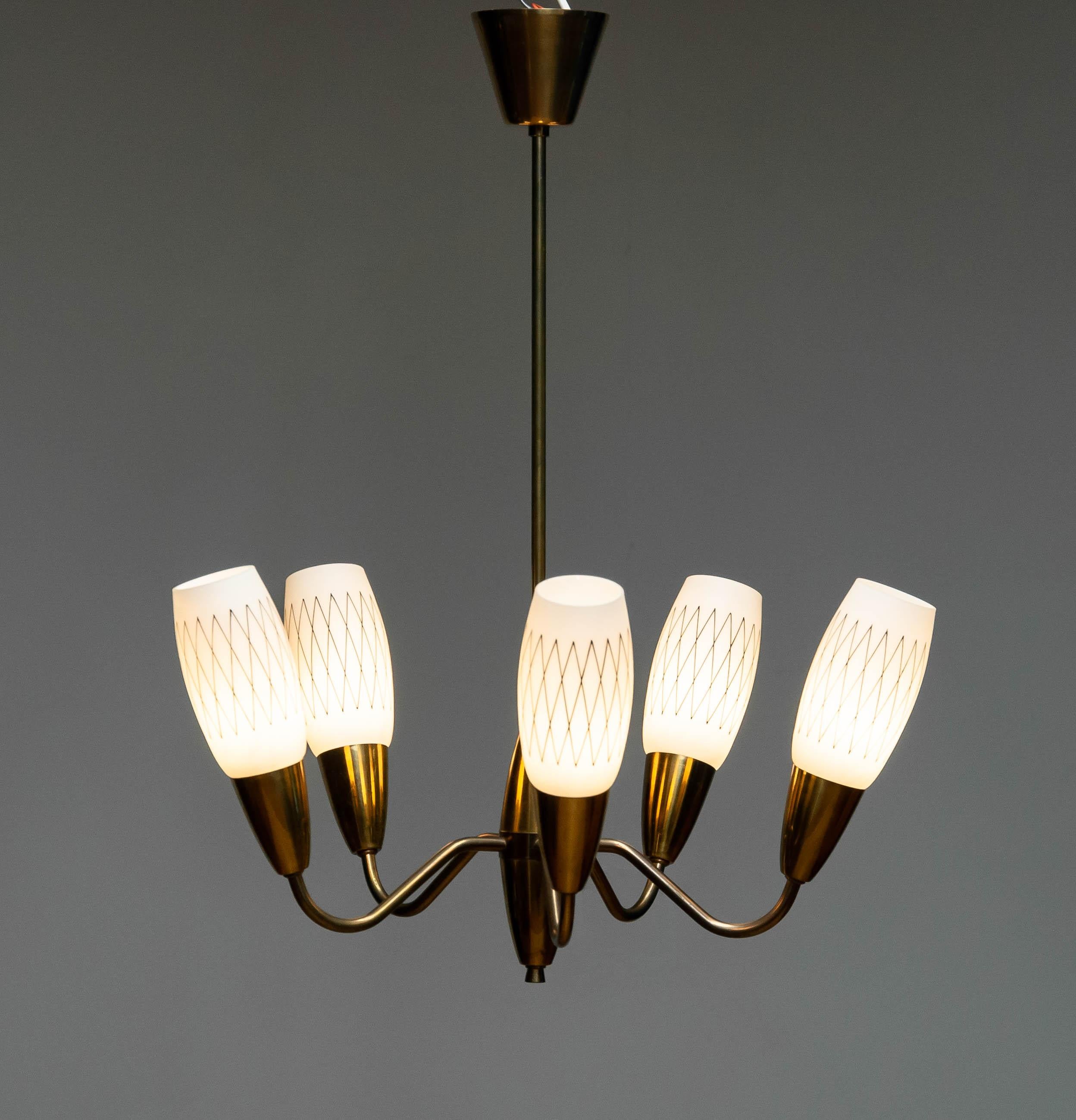 Mid-Century Modern Elegant Swedish Pendant / Chandelier In Brass And Opal Art Glass From The 1950s  For Sale