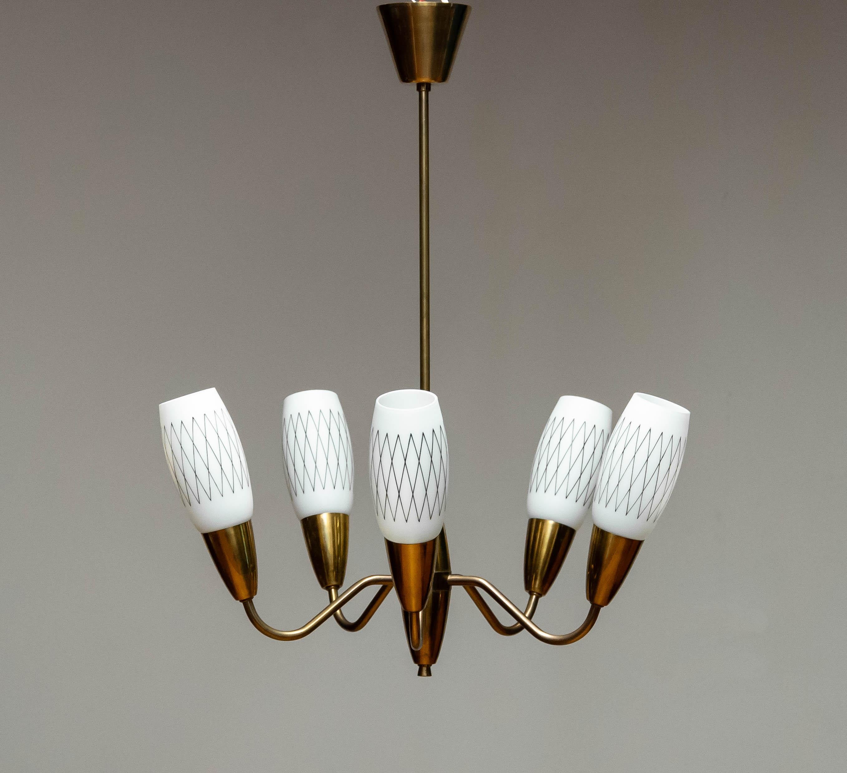 Elegant Swedish Pendant / Chandelier In Brass And Opal Art Glass From The 1950s  For Sale 3