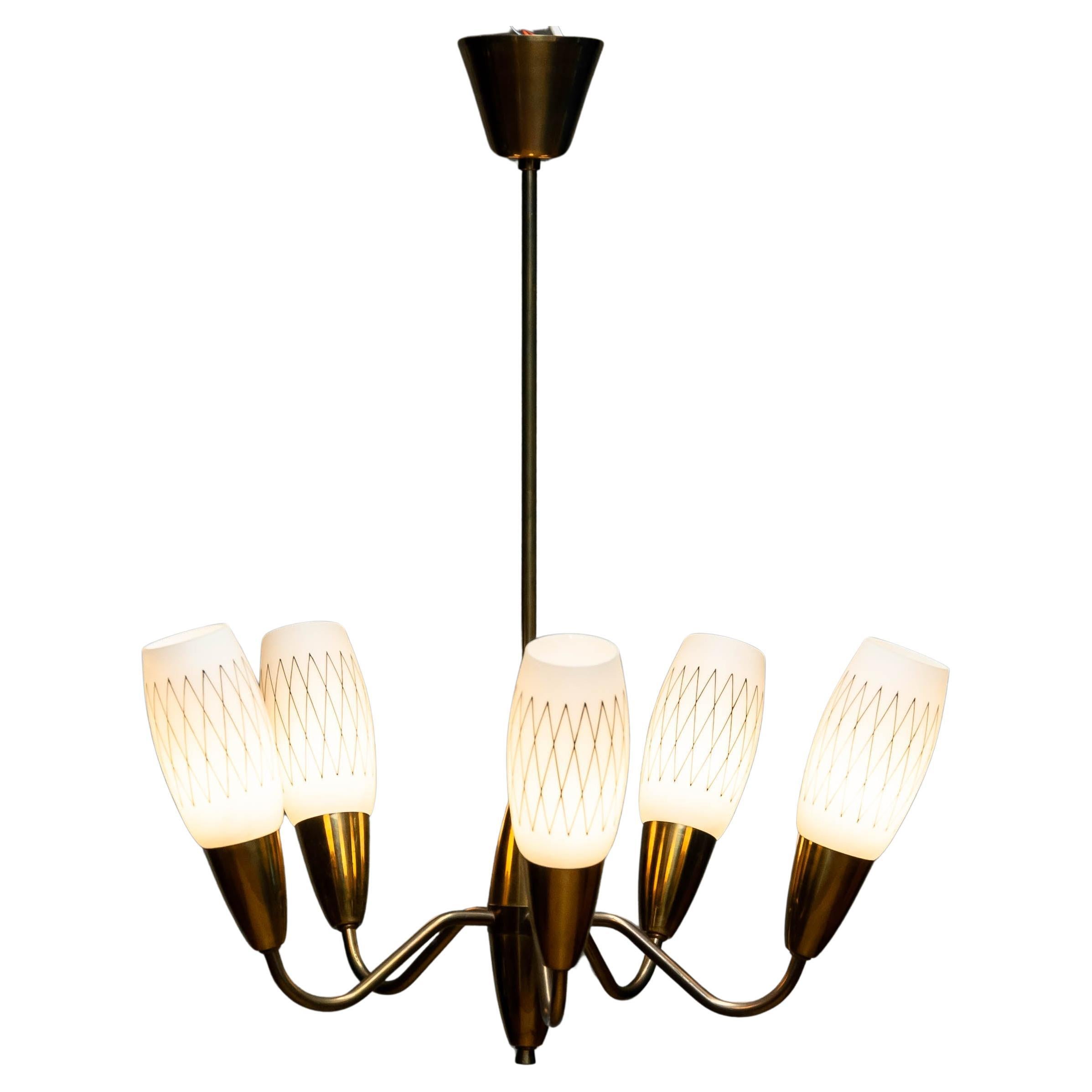 Elegant Swedish Pendant / Chandelier In Brass And Opal Art Glass From The 1950s 