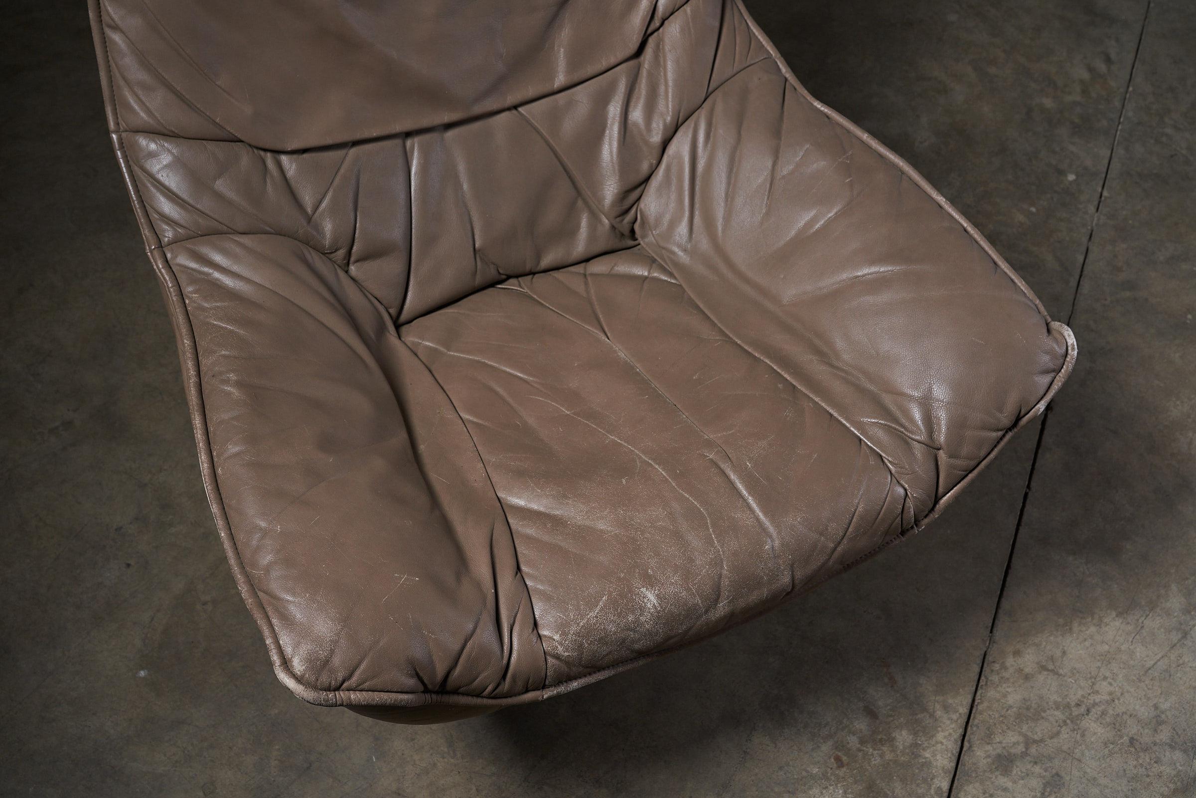 Hand-Crafted Elegant Swivel Lounge Chair in Brown Leather