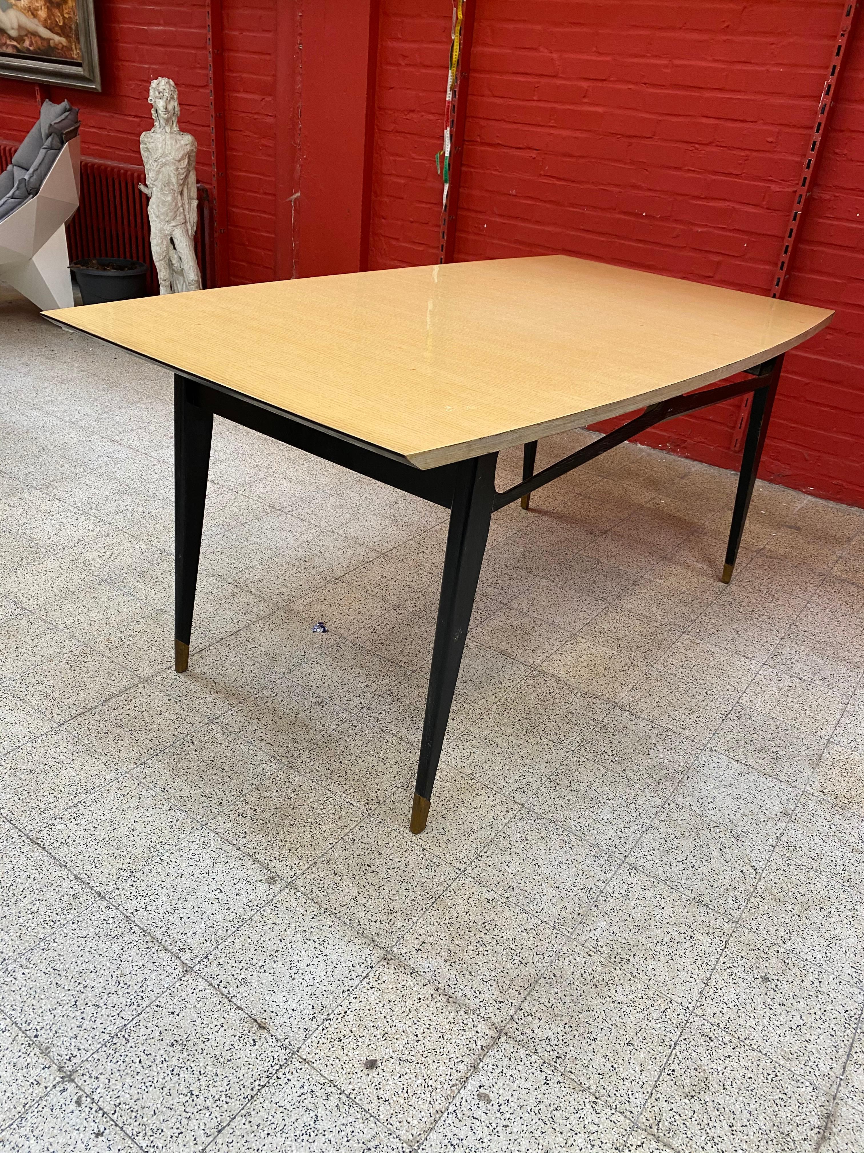 Brass Elegant Table in Blackened Wood and Ash Veneer, in the Style of Maison Raphael For Sale