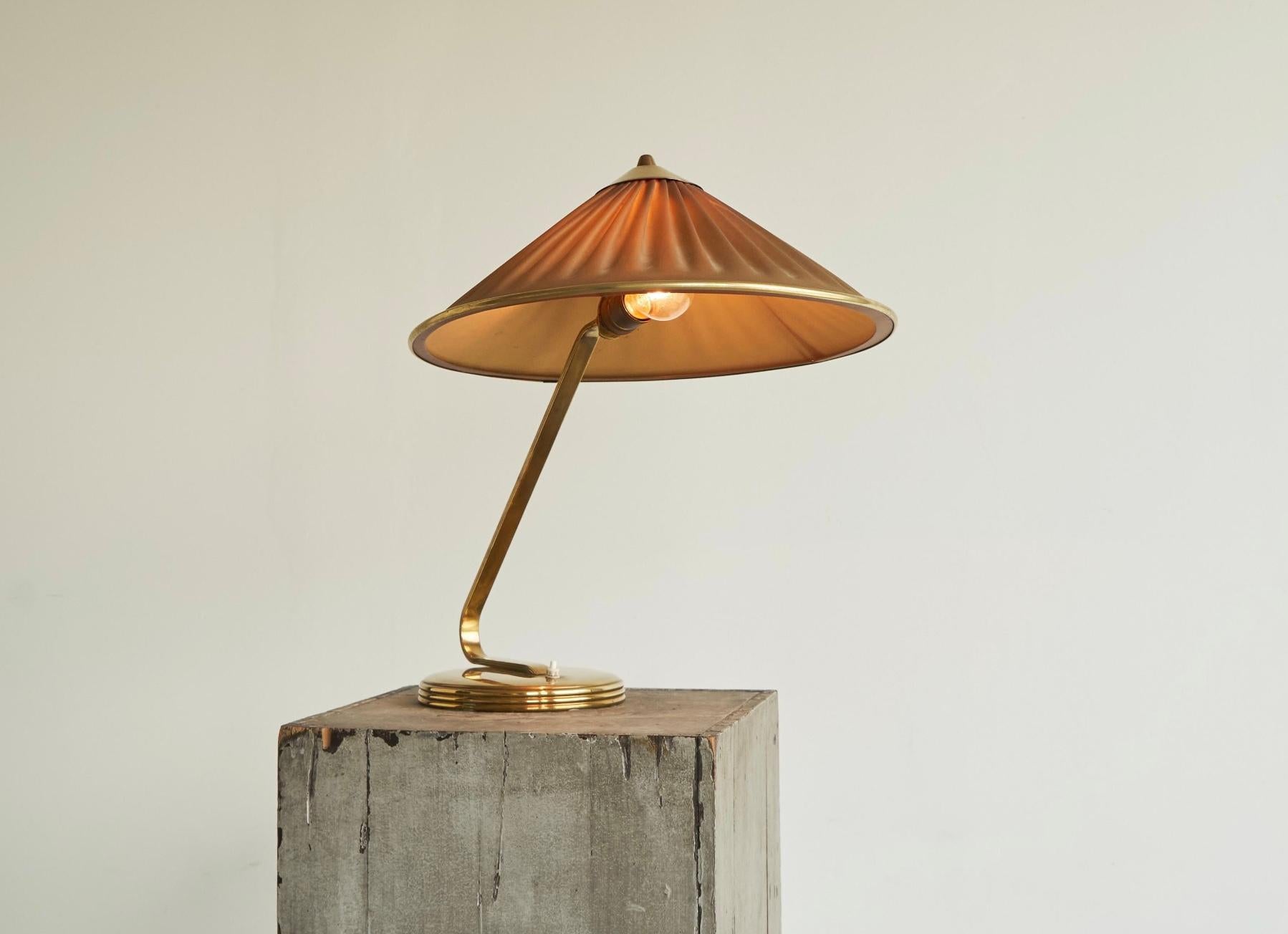 European Elegant Table Lamp in Brass and Plissé Shade 1950s