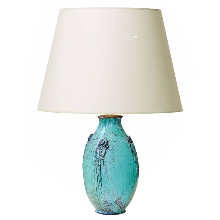 Danish Elegant Table Lamp with Carved Frond Motifs and Teal-Gray Glaze For Sale