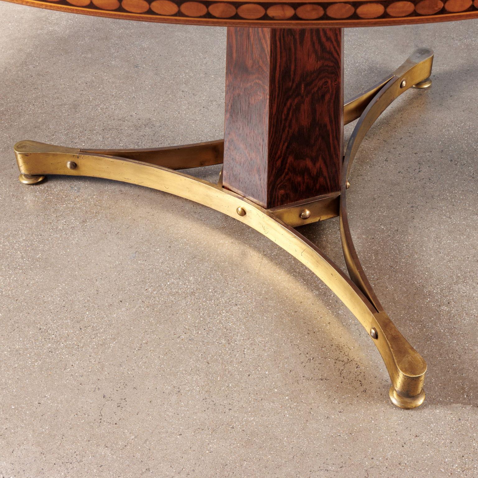 Italian Elegant Table with Brass Base with Three Support Points, Central Hexagonal Shape