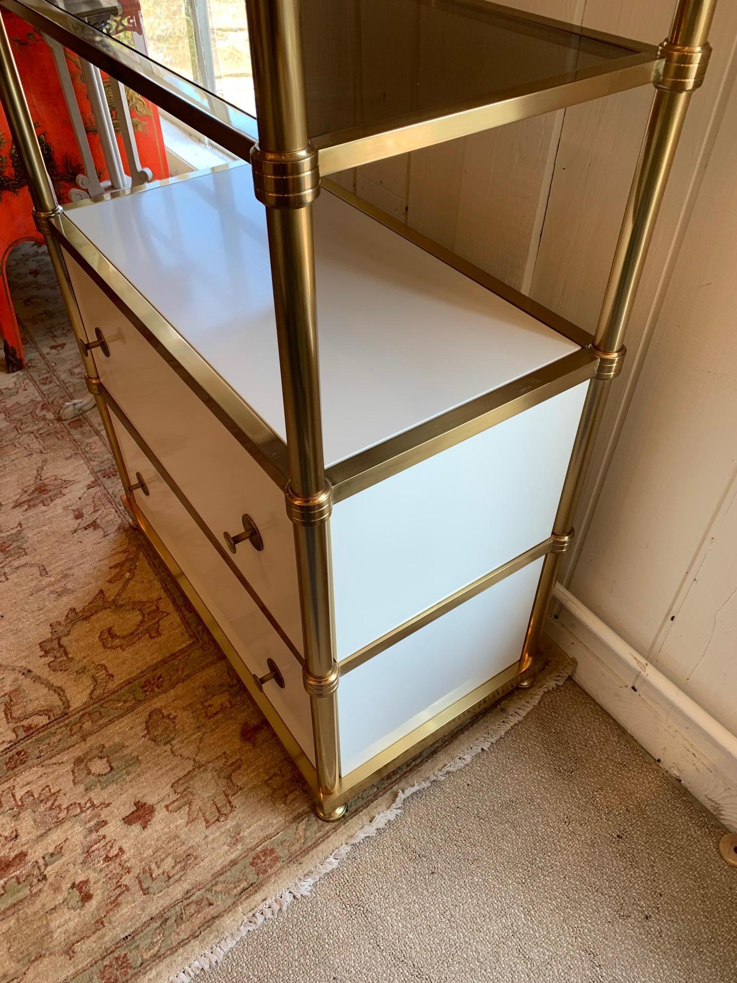 Elegant Tall Brass and White Laquer Etagere with 2 Drawers In Good Condition For Sale In Hopewell, NJ