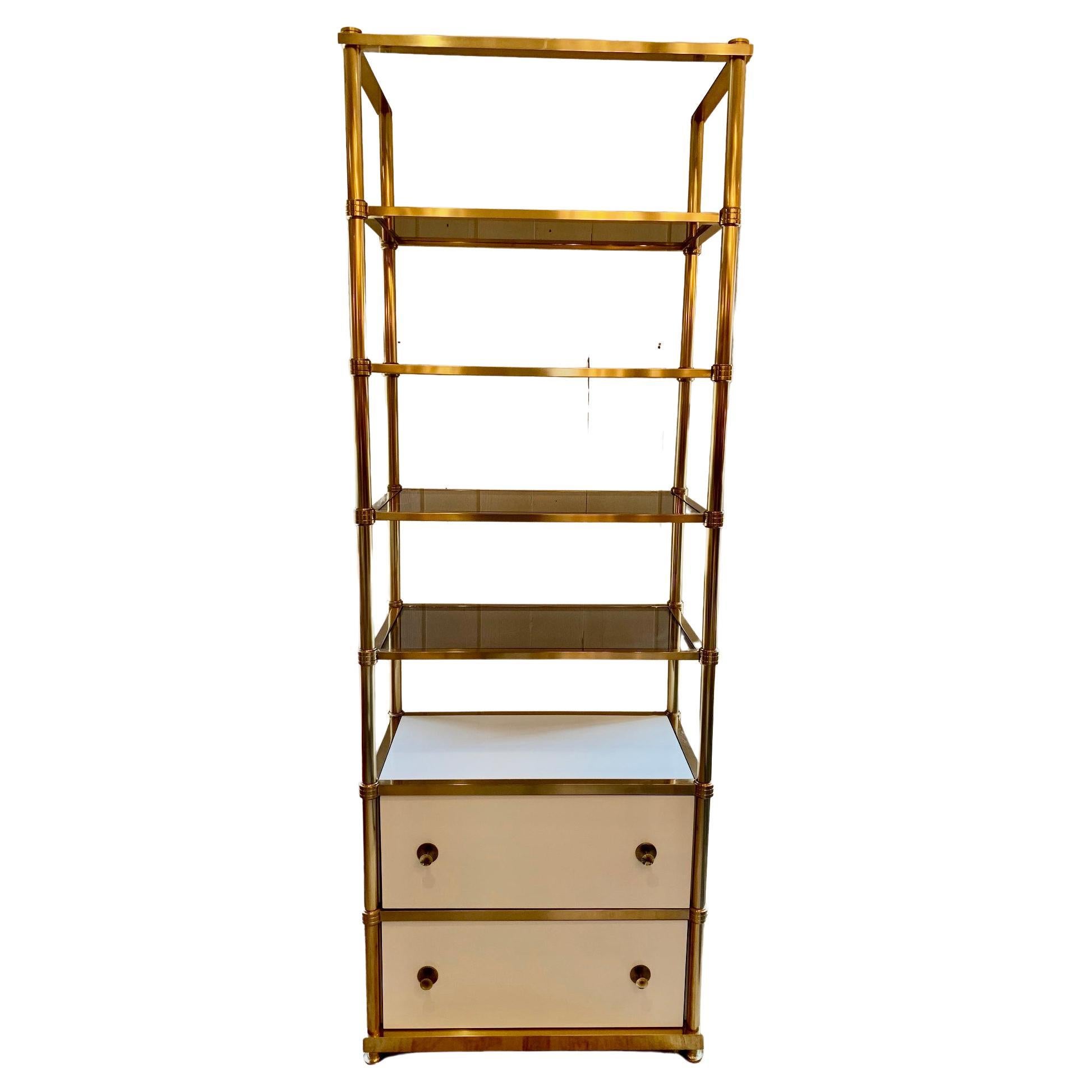 Elegant Tall Brass and White Laquer Etagere with 2 Drawers For Sale