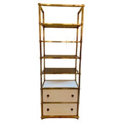 Elegant Tall Brass and White Laquer Etagere with 2 Drawers