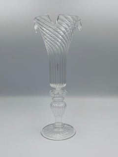 Elegant Tall Handblown Swirled Clear Glass Crystal Vase on Pedestal Base