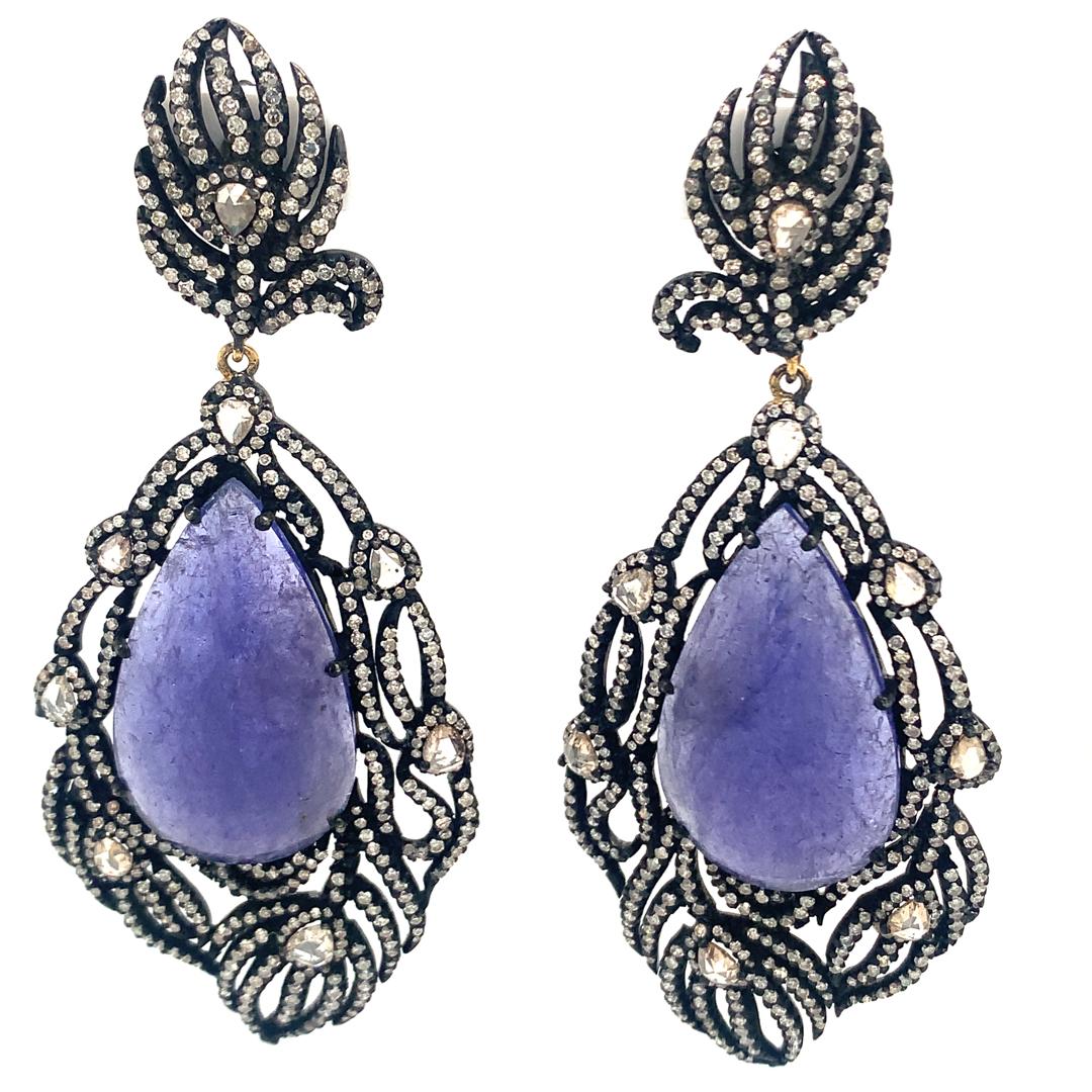Pear Cut Elegant Tanzanite & Diamond Earrings in Sterling Silver For Sale