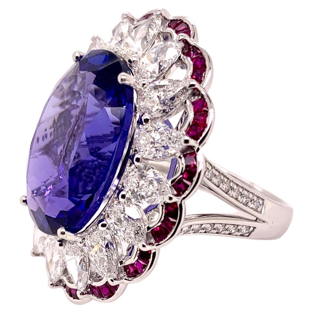 Cocktail- Dinner-Ring aus Platin mit Tansanit, Rubin und Diamant (Ovalschliff) im Angebot