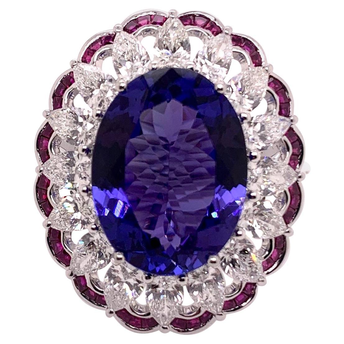 Cocktail- Dinner-Ring aus Platin mit Tansanit, Rubin und Diamant im Angebot
