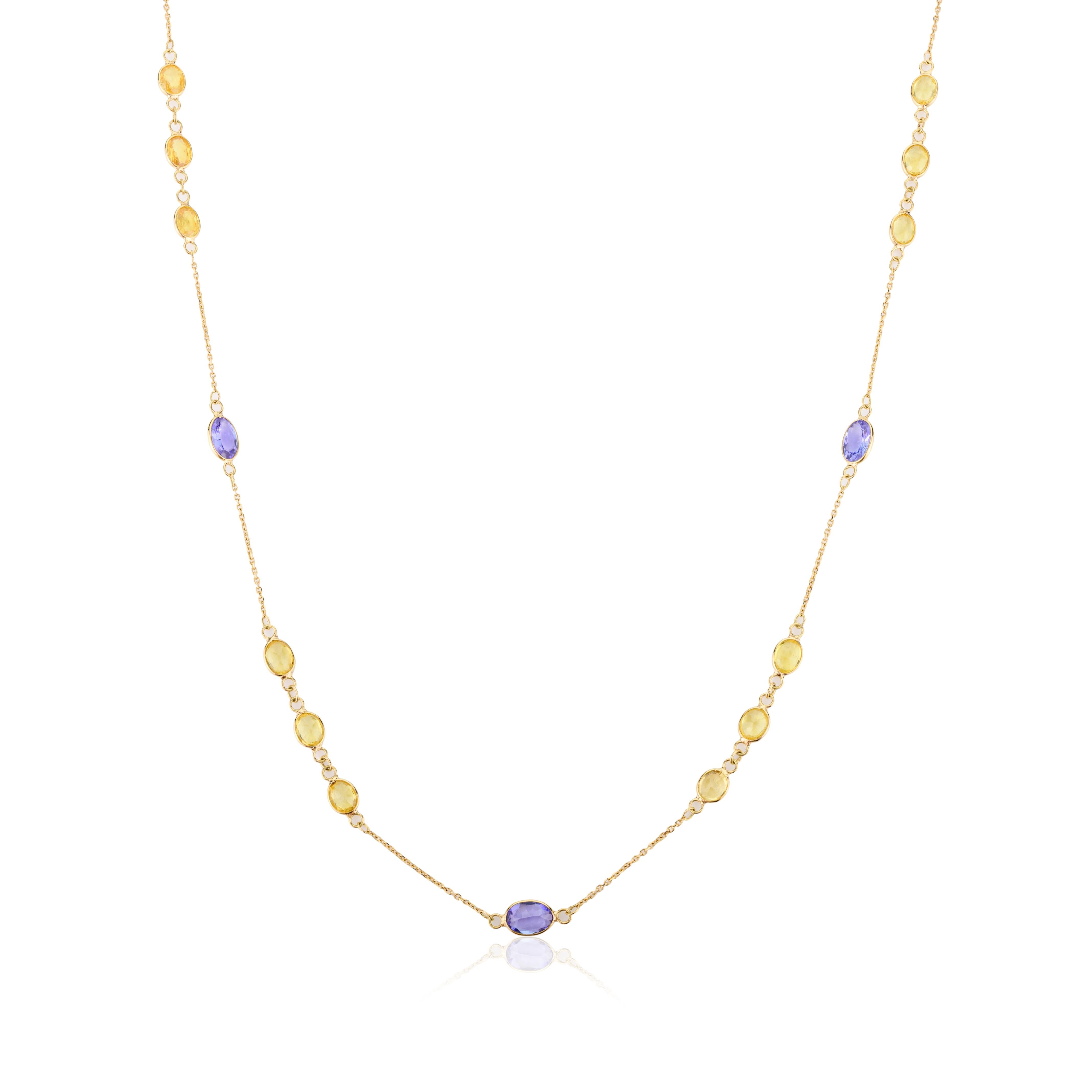 Elegant Tanzanite Yellow Sapphire Chain Necklace Gift for Mom in 18K Gold studded with oval cut yellow sapphire and tanzanite of 5.9 carats. This stunning piece of jewelry instantly elevates a casual look or dressy outfit. 
Sapphire stimulate