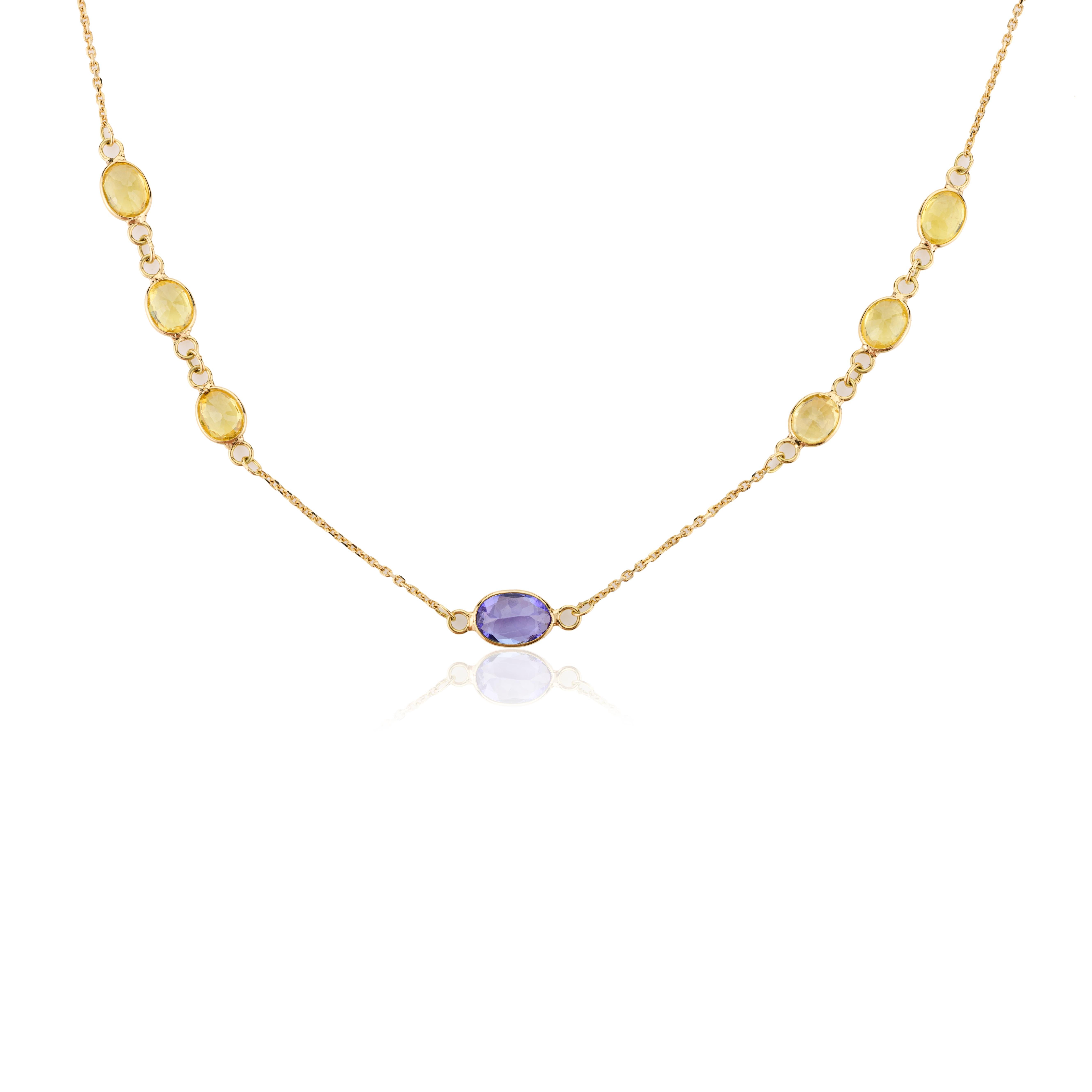 Modernist Elegant Tanzanite Yellow Sapphire Chain Necklace Gift for Mom in 18k Yellow Gold For Sale