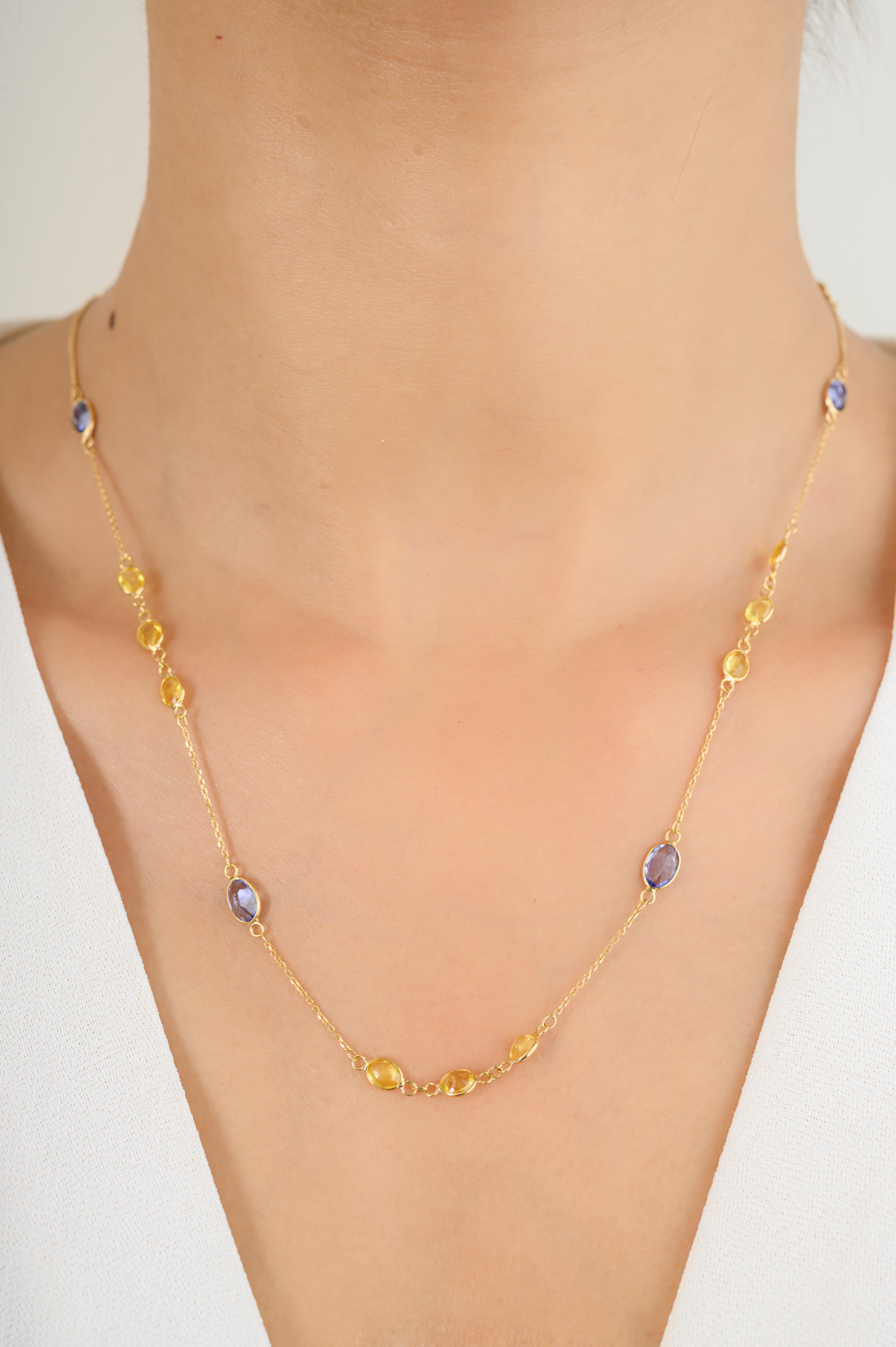Women's Elegant Tanzanite Yellow Sapphire Chain Necklace Gift for Mom in 18k Yellow Gold For Sale