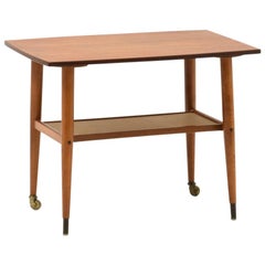  Elegant Teak Wood Side Table with 2 Wheels and Cane Wicker Shelf, 1960s Sweden