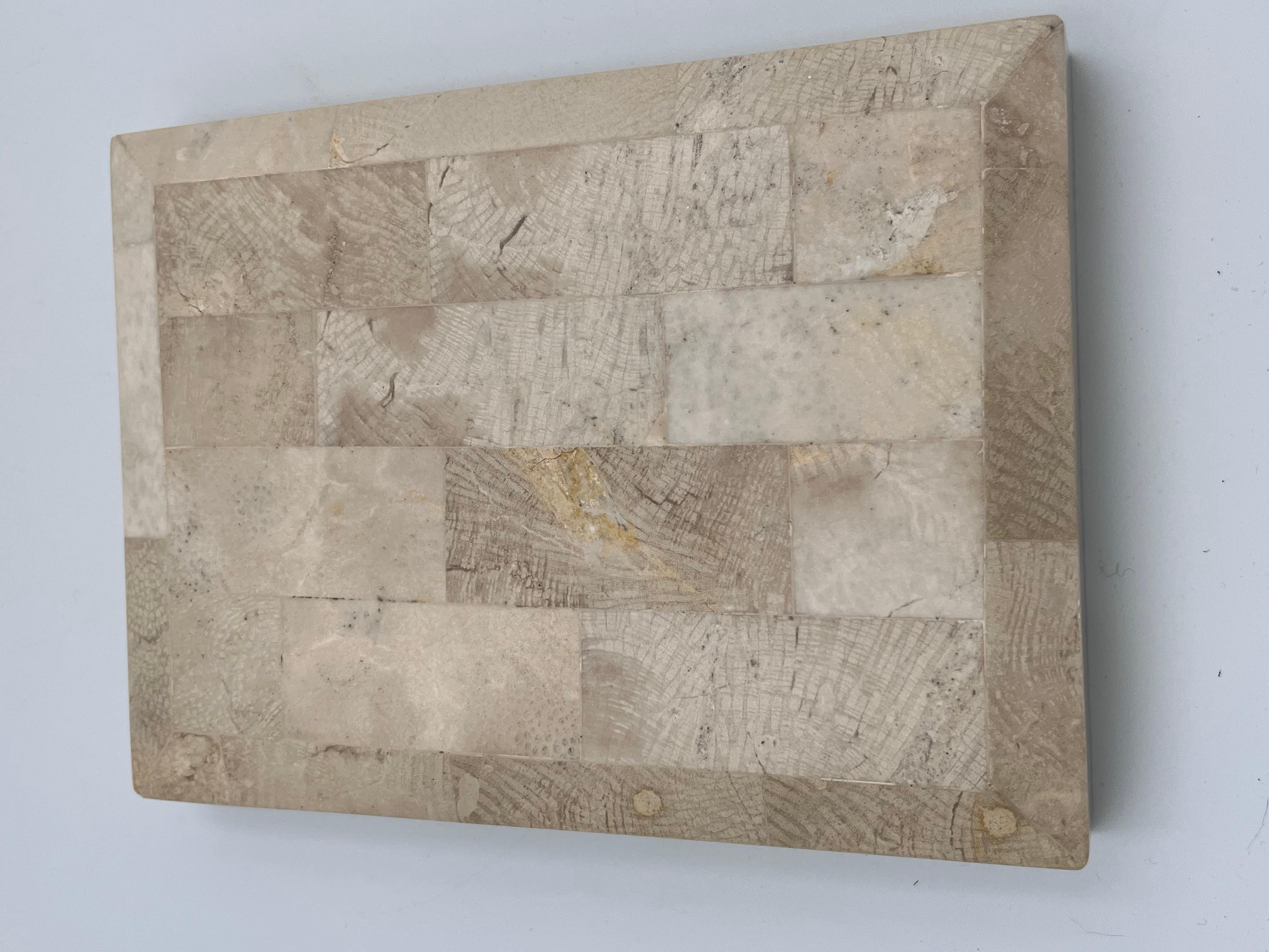 Elegant Tessellated Stone Fossilized Wood Decorative Catchall Beveled Box For Sale 13