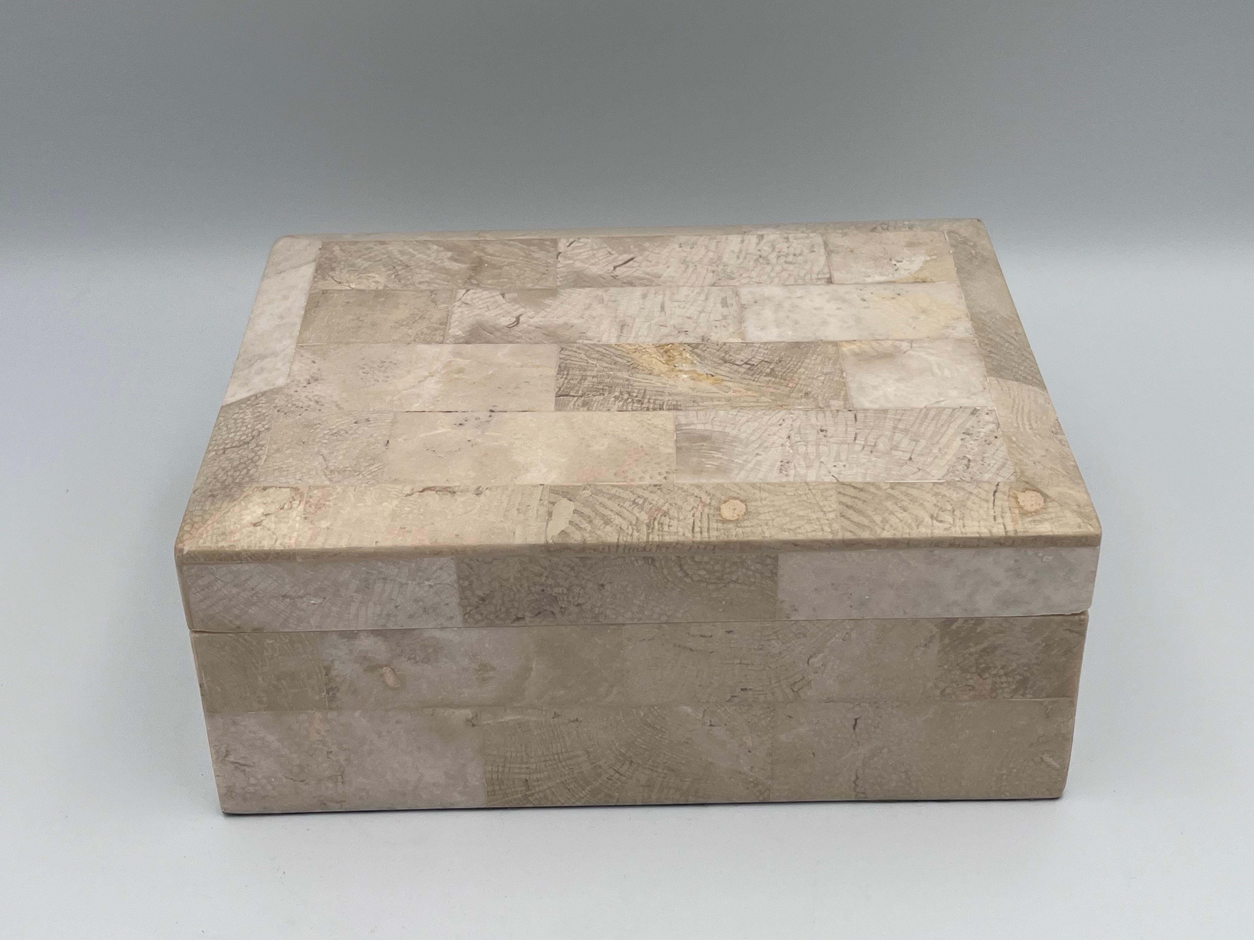 Art Deco Elegant Tessellated Stone Fossilized Wood Decorative Catchall Beveled Box For Sale