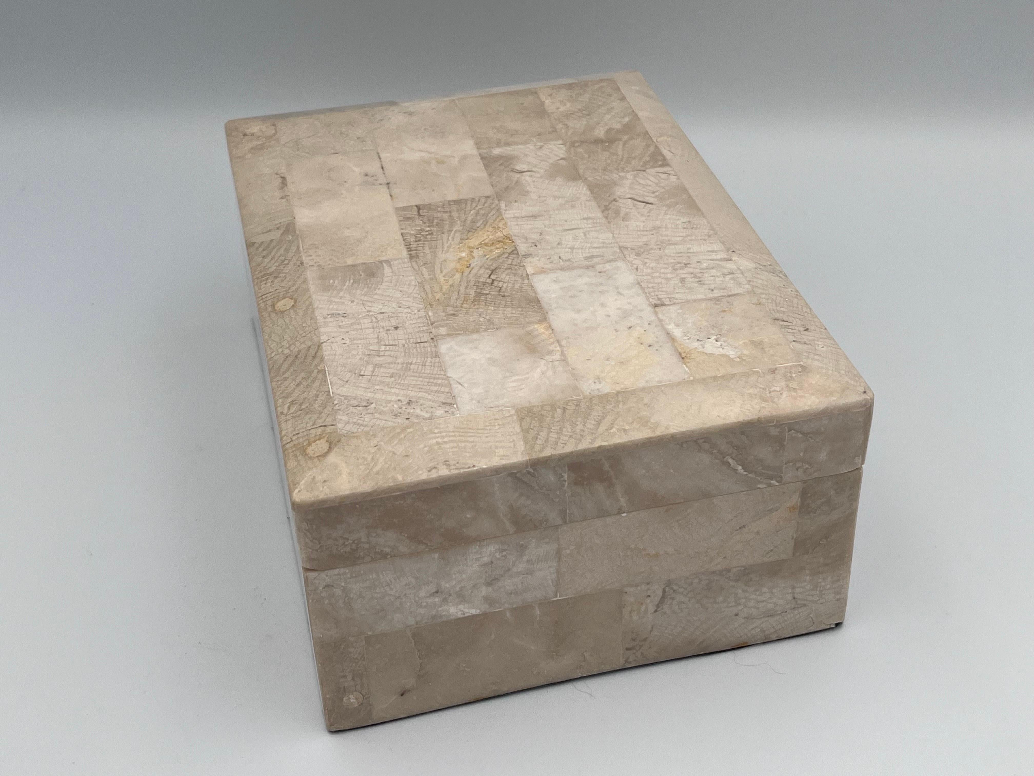 20th Century Elegant Tessellated Stone Fossilized Wood Decorative Catchall Beveled Box For Sale