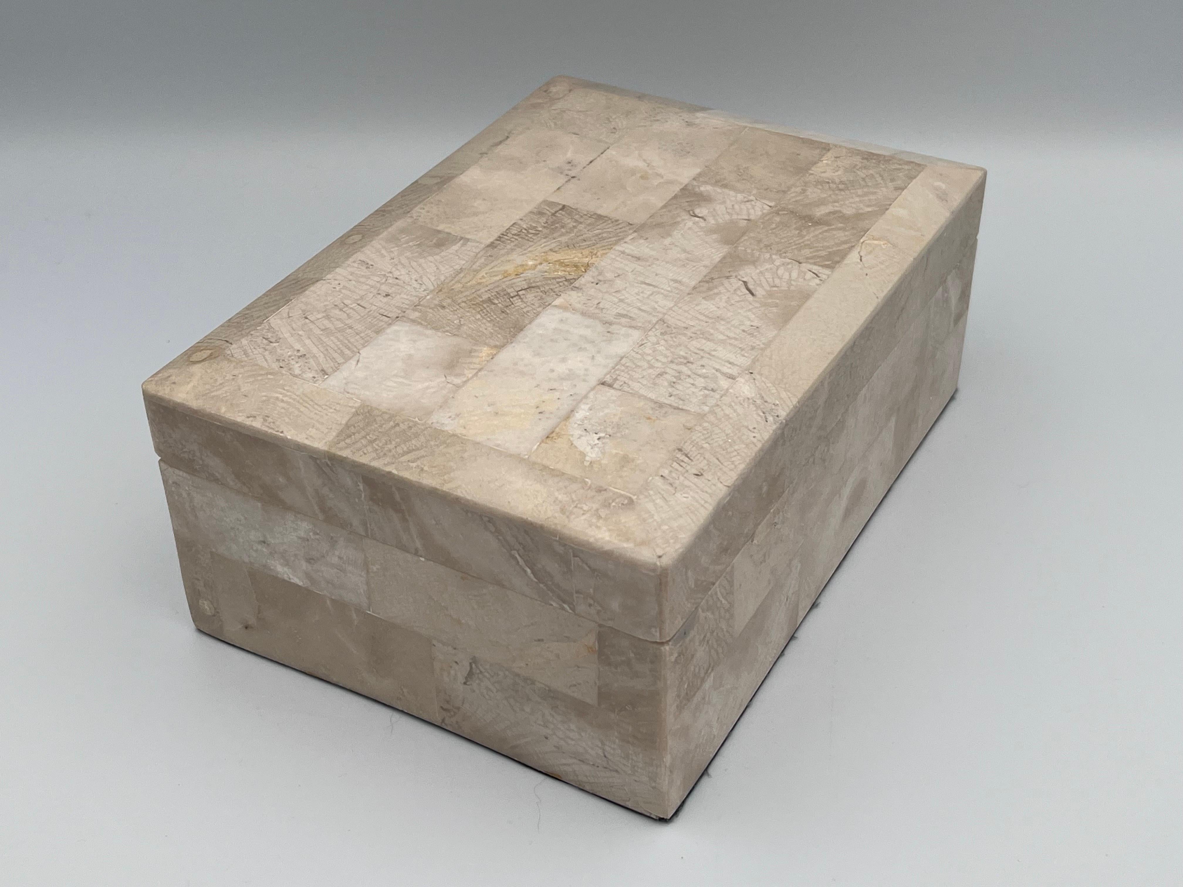 Elegant Tessellated Stone Fossilized Wood Decorative Catchall Beveled Box For Sale 1