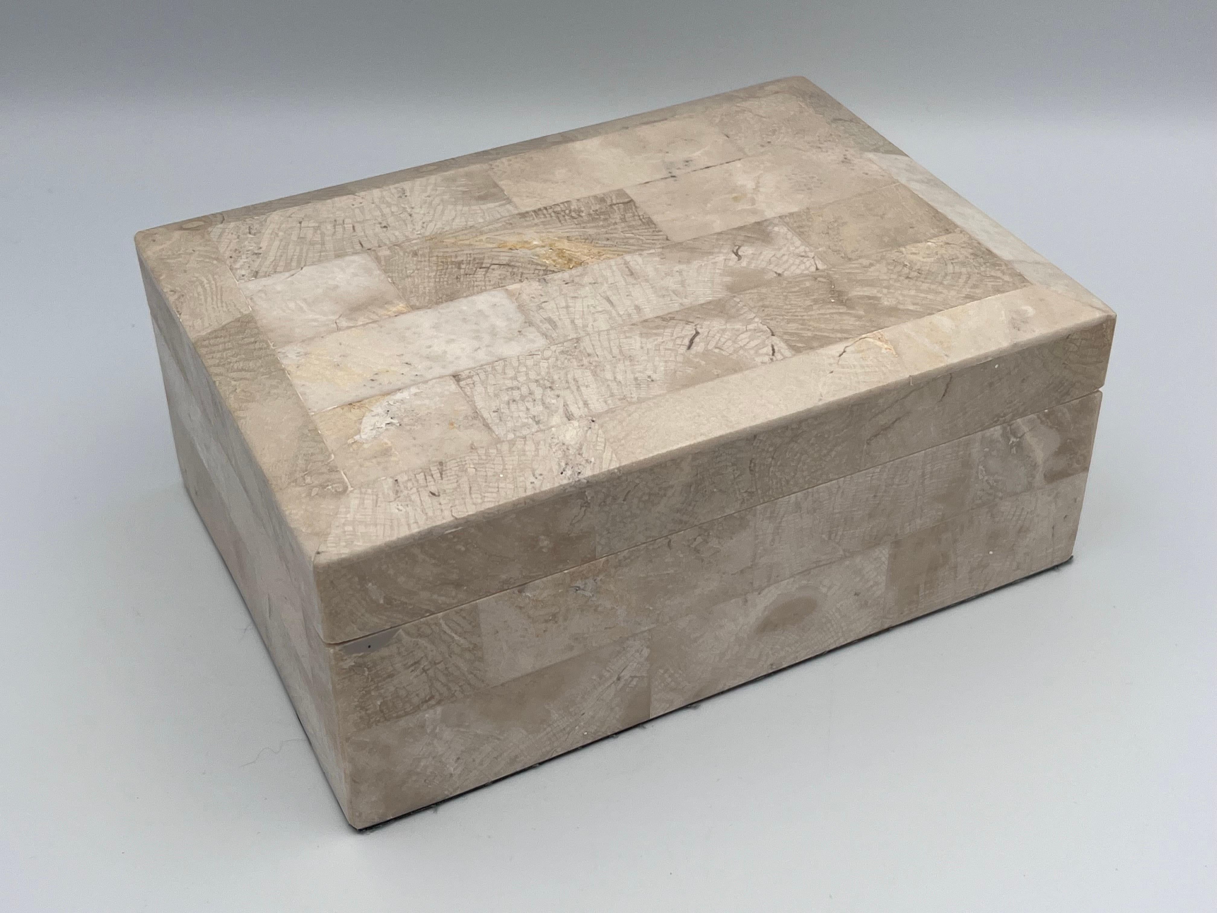 Elegant Tessellated Stone Fossilized Wood Decorative Catchall Beveled Box For Sale 2