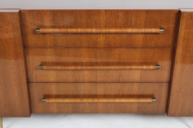 American Elegant T.H. Robsjohn-Gibbings for Widdicomb Sideboard, Rattan & Brass Handles For Sale