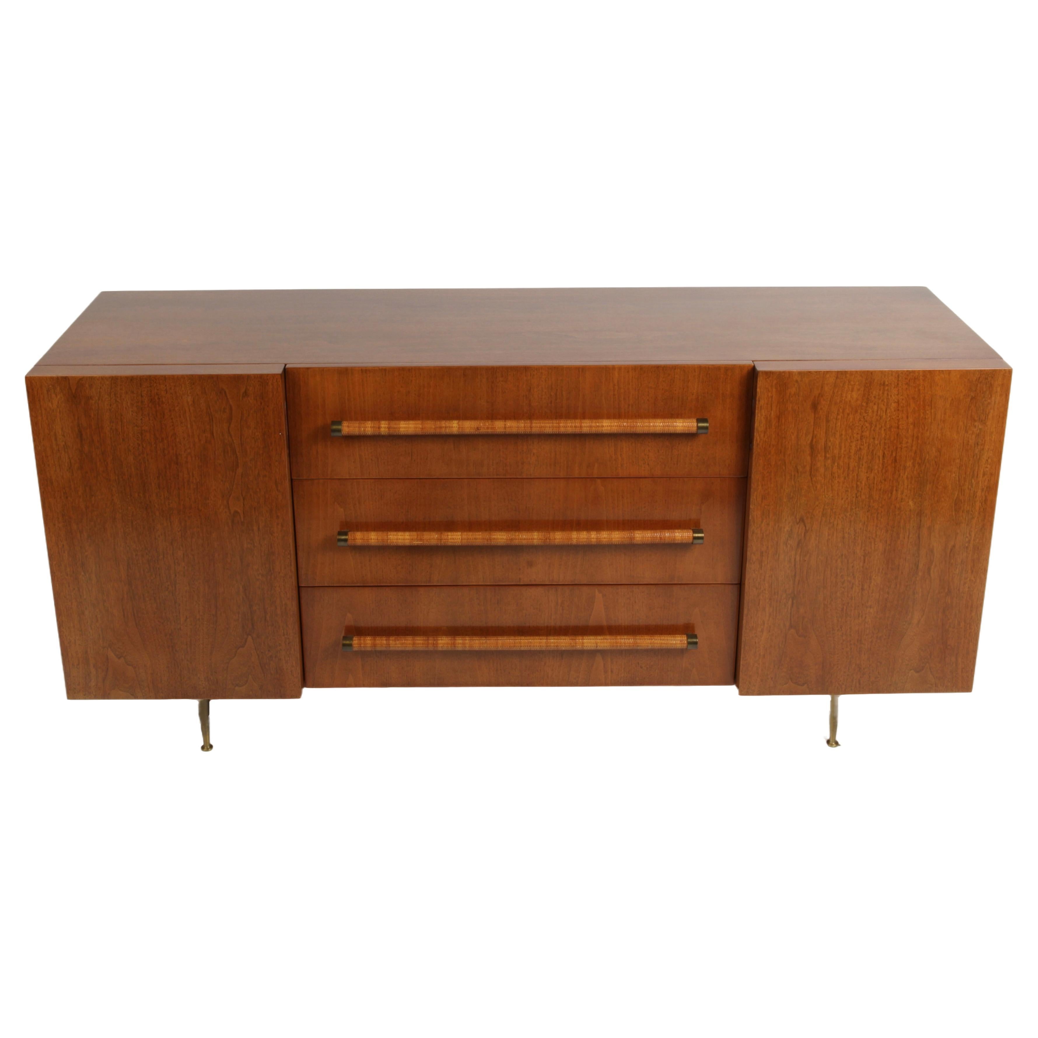 Elegant T.H. Robsjohn-Gibbings for Widdicomb Sideboard, Rattan & Brass Handles For Sale