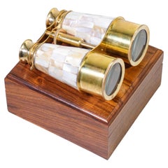 Elegant Theater Binoculars in Brass and Mother of Pearl, Wooden Case, Italy
