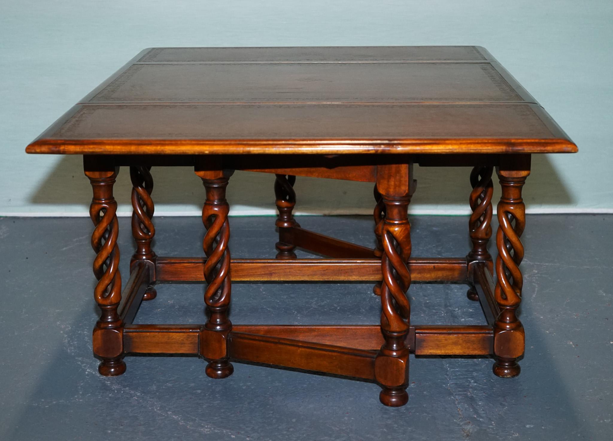 ELEGANT THEODORE ALEXANDER DROP LEAF BARLEY TWiST TABLE WITH LEATHER TOP For Sale 4
