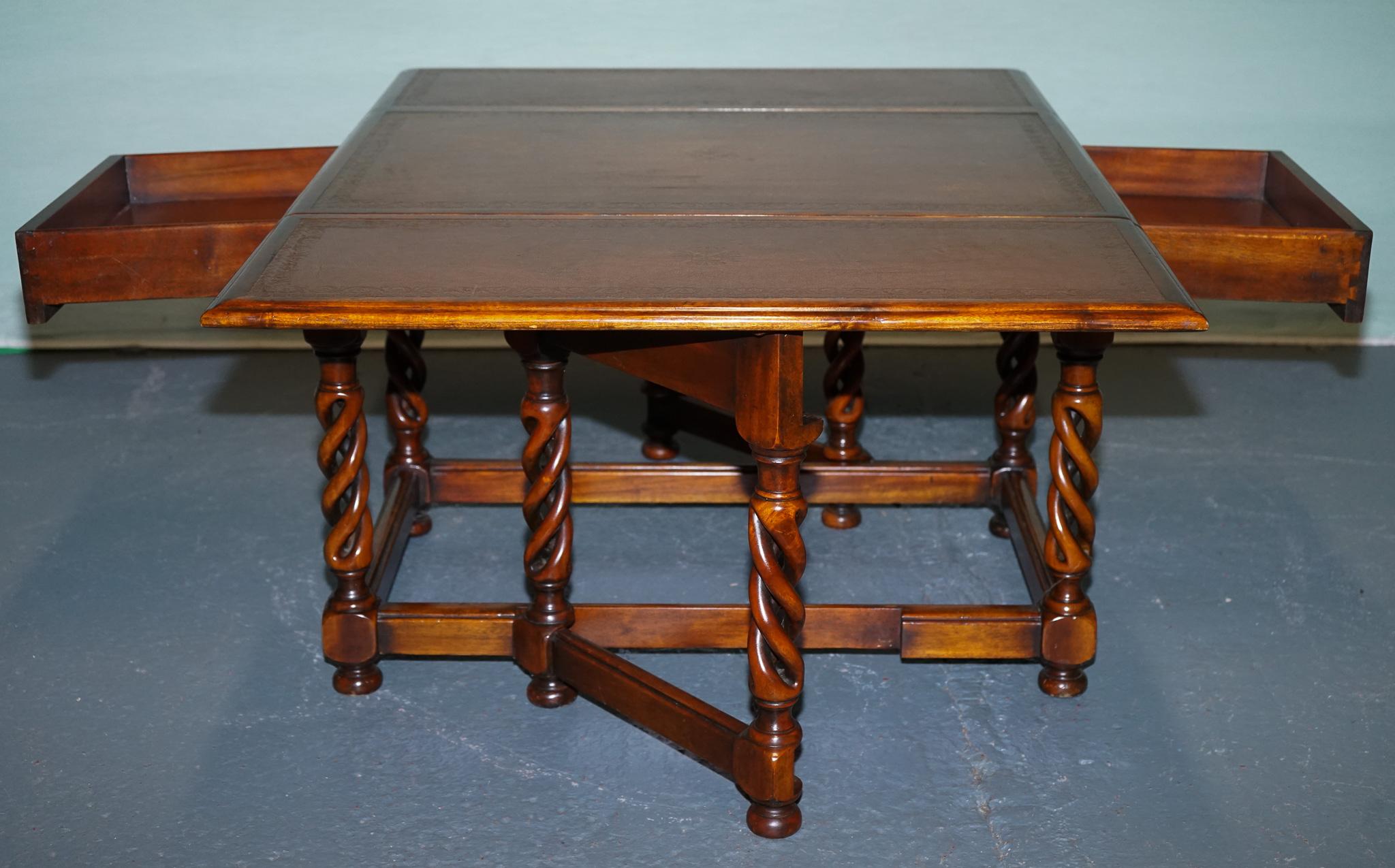 ELEGANT THEODORE ALEXANDER DROP LEAF BARLEY TWiST TABLE WITH LEATHER TOP For Sale 6