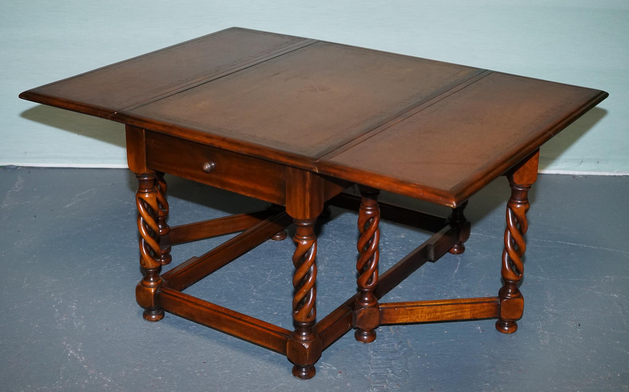 ELEGANT THEODORE ALEXANDER DROP LEAF BARLEY TWiST TABLE WITH LEATHER TOP For Sale 7