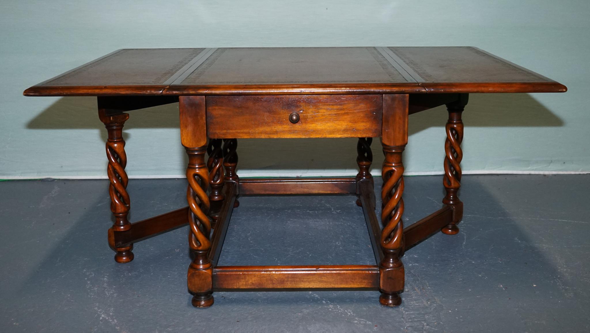 British ELEGANT THEODORE ALEXANDER DROP LEAF BARLEY TWiST TABLE WITH LEATHER TOP For Sale