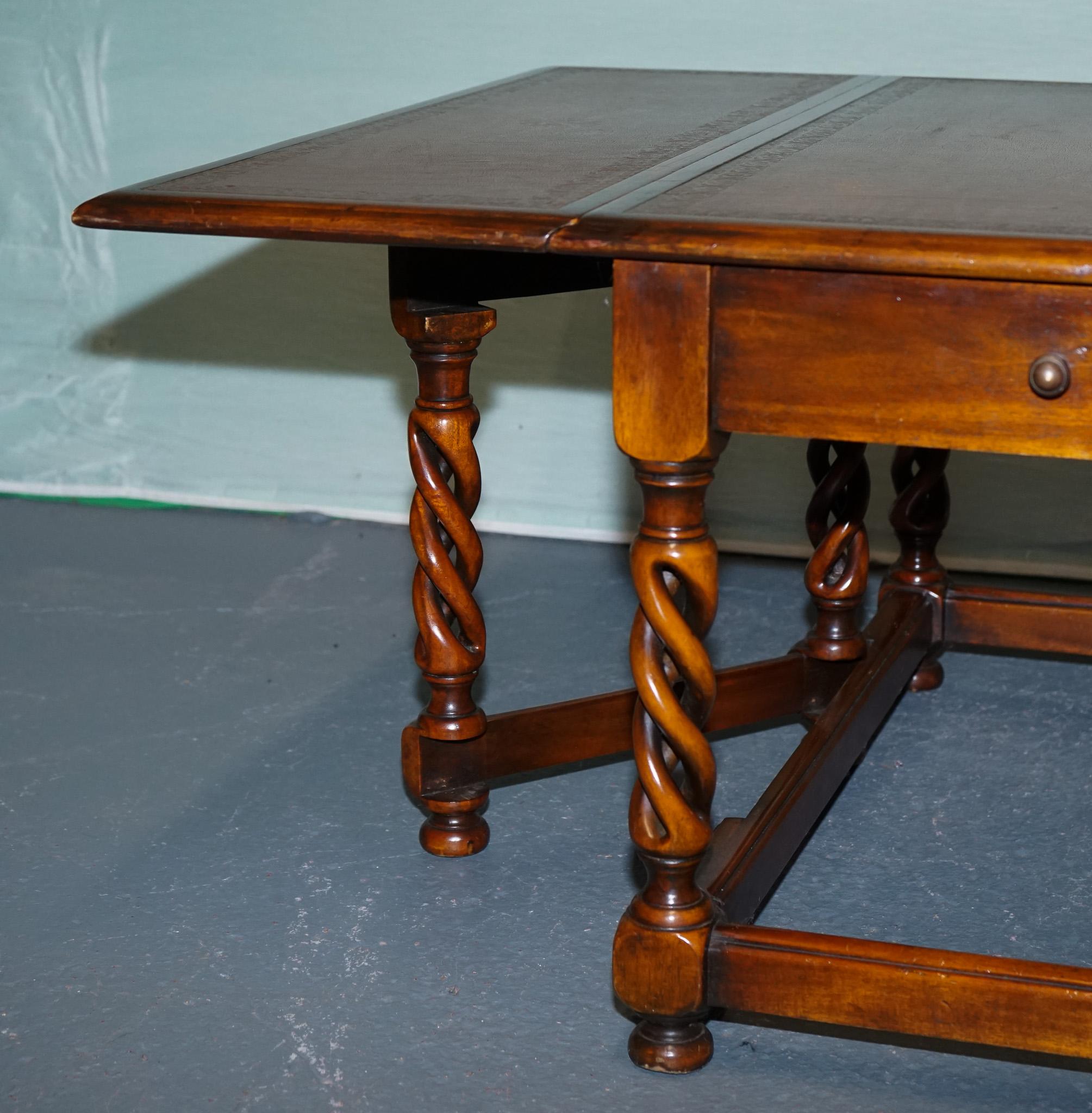 Hand-Crafted ELEGANT THEODORE ALEXANDER DROP LEAF BARLEY TWiST TABLE WITH LEATHER TOP For Sale