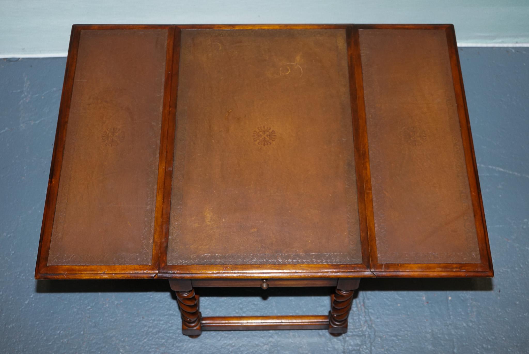 ELEGANT THEODORE ALEXANDER DROP LEAF BARLEY TWiST TABLE WITH LEATHER TOP For Sale 1