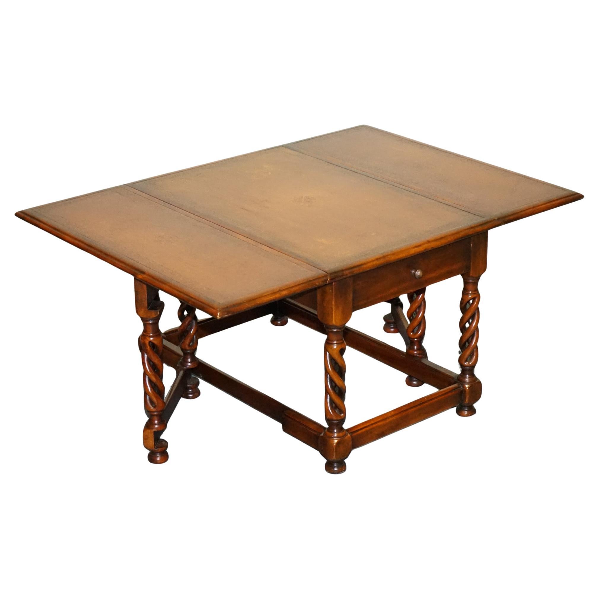 ELEGANT THEODORE ALEXANDER DROP LEAF BARLEY TWiST TABLE WITH LEATHER TOP For Sale