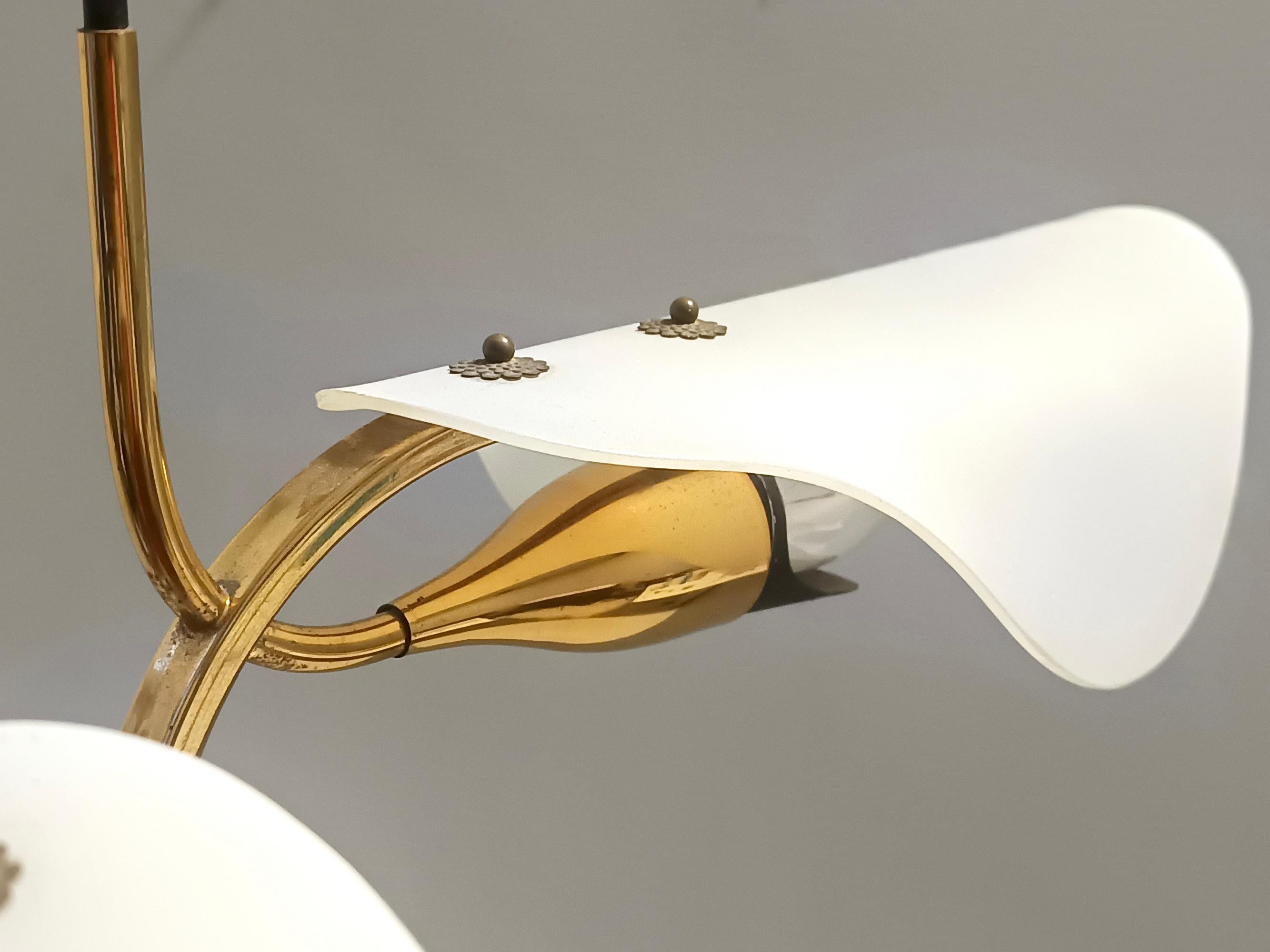 Elegant Three-Arm Brass and White Glass Chandelier by Stilnovo, Italy For Sale 4