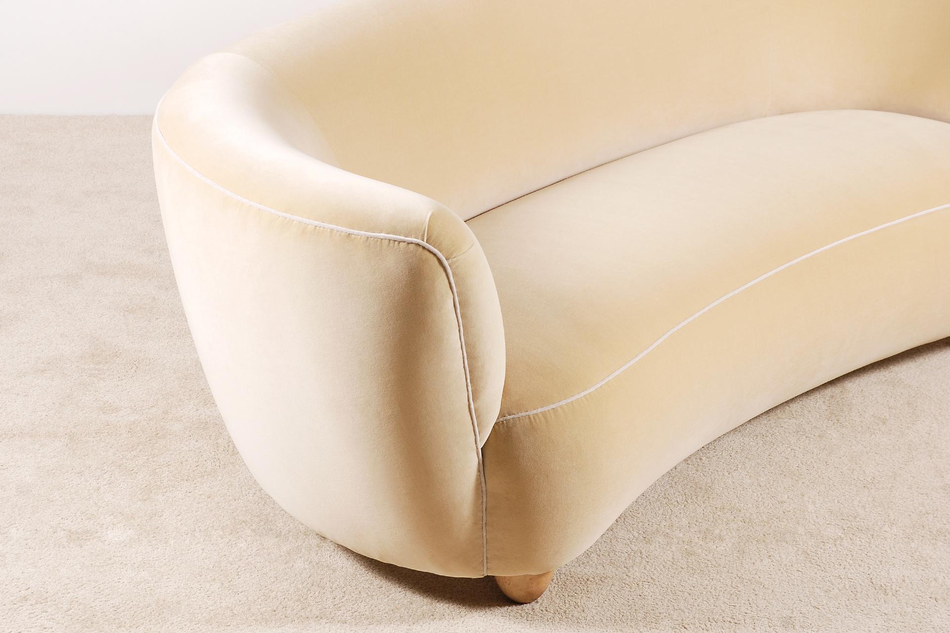 Elegant Three-Seat Danish Curved Sofa, 1940s, New Velvet Upholstery 2