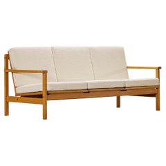 Vintage Elegant Three-Seat Oak Sofa, Denmark. 1960. New Upholstery Bouclé Fabric