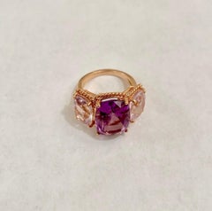 Elegant Three-Stone Amethyst Ring with Gold Rope Twist Border