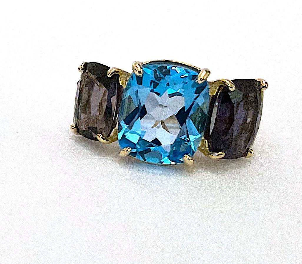 Elegant Three-Stone Blue Topaz and Iolite Ring with Gold Rope Twist Border For Sale 9