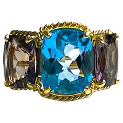 Elegant Three-Stone Blue Topaz and Iolite Ring with Gold Rope Twist Border