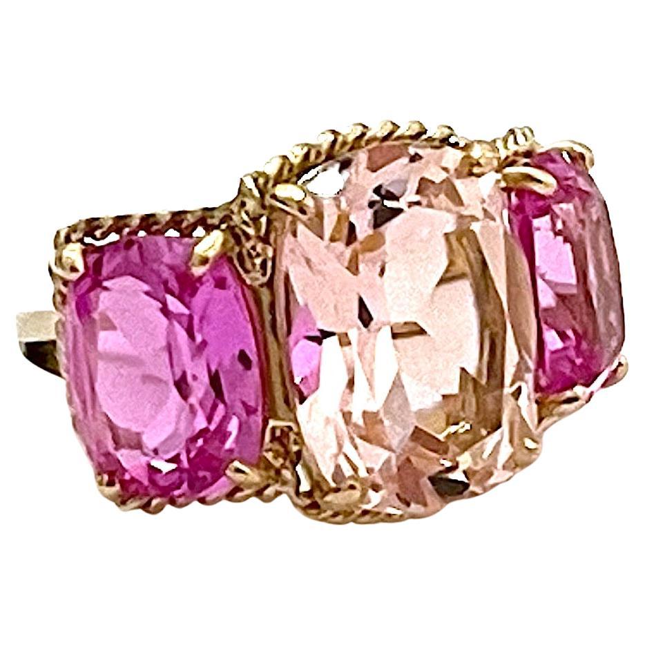 Cushion Cut Elegant Three-Stone Rock Crystal and Pink Topaz Ring with Gold Rope Twist Border For Sale