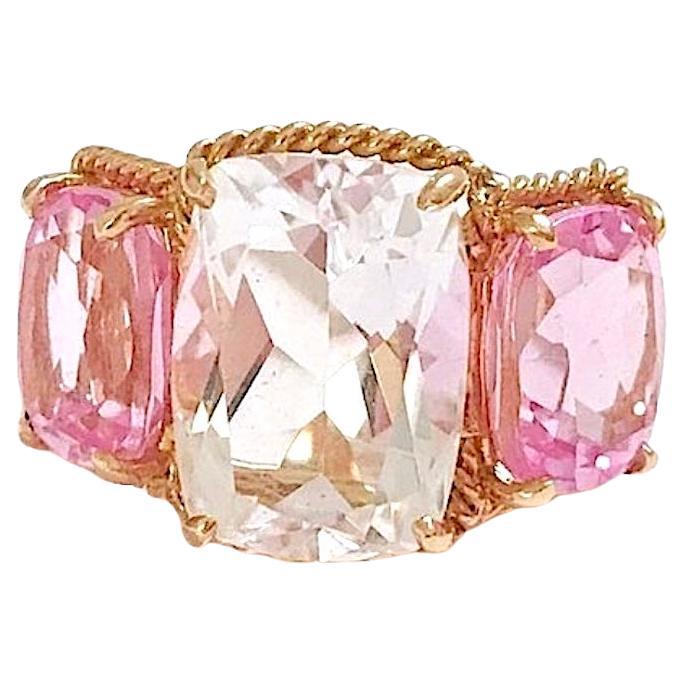 Elegant Three-Stone Rock Crystal and Pink Topaz Ring with Gold Rope Twist Border For Sale