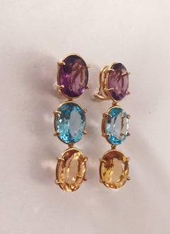 Elegant Three-Stone Drop Earring with Amethyst and Blue Topaz and Citrine
