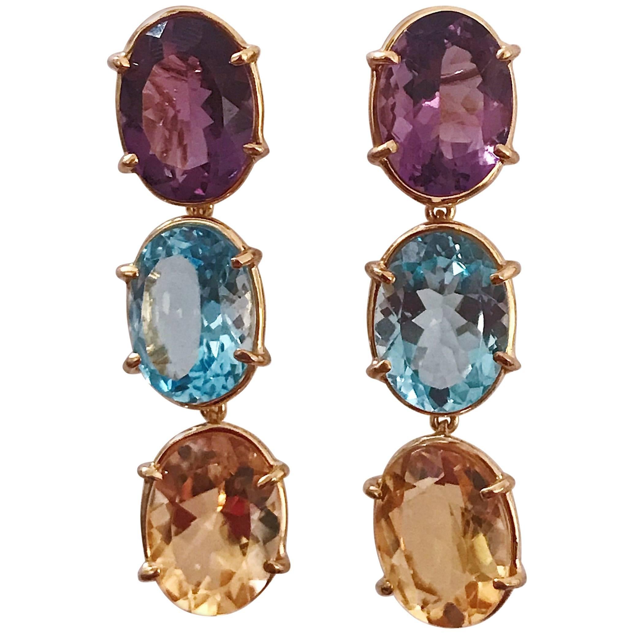 Elegant Three-Stone Drop Earring with Amethyst and Blue Topaz and Citrine