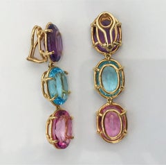Elegant Three-Stone Drop Earring with Amethyst and Blue Topaz and Pink Topaz