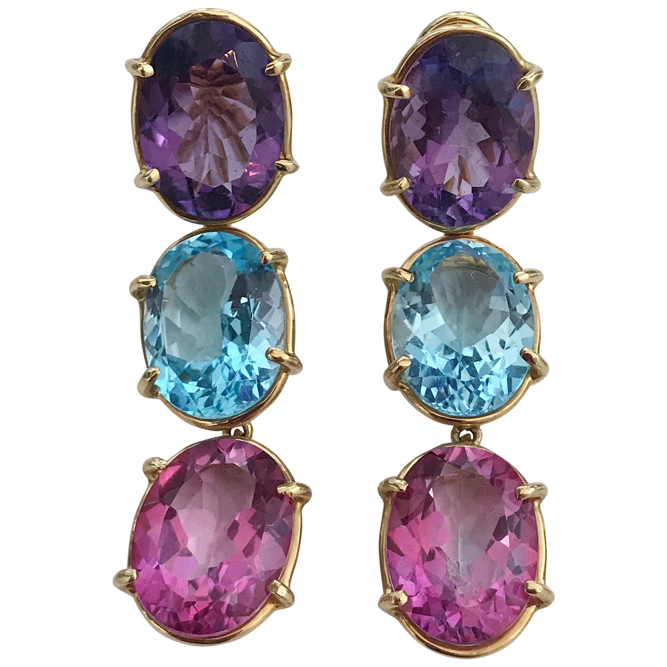 Elegant Three-Stone Drop Earring with Amethyst and Blue Topaz and Pink Topaz For Sale