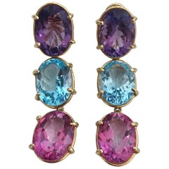 Elegante Pendiente de Gota de Tres Piedras con Amatista y Topacio Azul y Topacio Rosa
